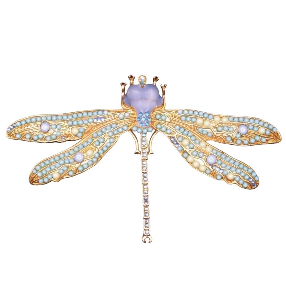 Vintage Dragonfly Brooch Pin Blue Stones and Rhinestones Gold Tone 3.5" RARE